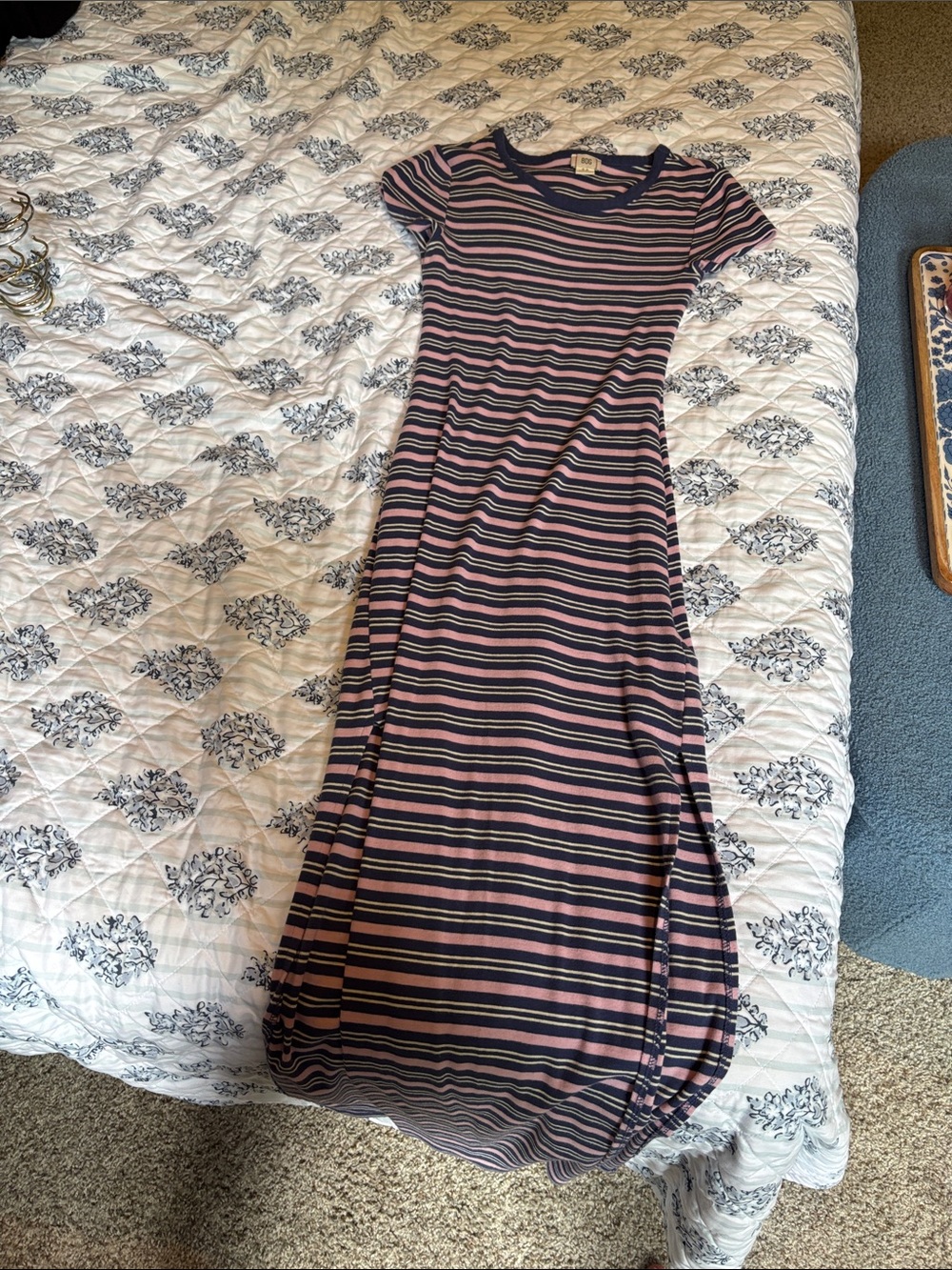 BDG Navy and Pink Striped Short-Sleeve Knit Dress